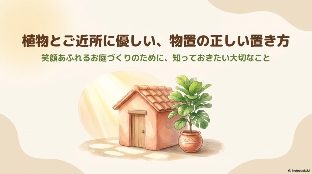 テラコッタ鉢に植えられた観葉植物と、おしゃれな小型物置が並んでいるイラスト