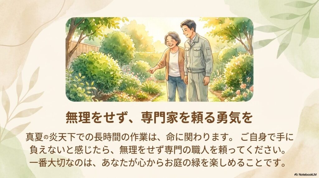 造園の専門家と一緒に庭の状況を確認する様子