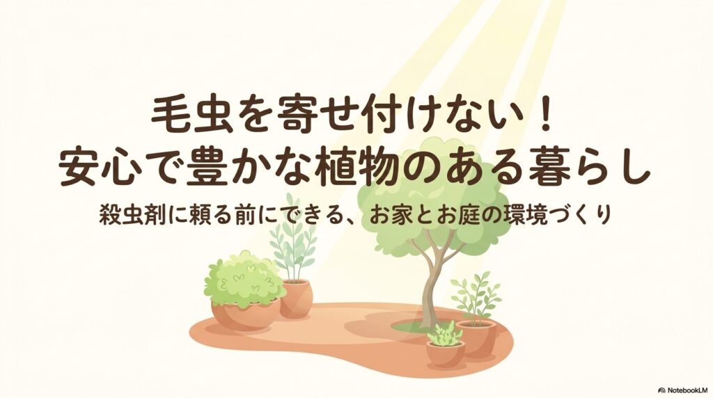 毛虫を寄せ付けないための、お家とお庭の環境づくりを解説したタイトルスライド
