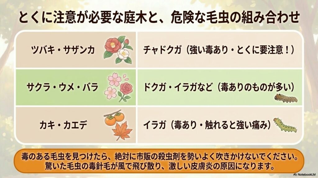 ツバキとチャドクガ、サクラとドクガなど、特に注意が必要な庭木と有毒な毛虫の組み合わせをまとめたスライド