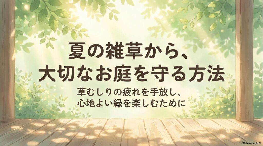 炎天下で草むしりをする様子と、管理された庭で寛ぐ様子