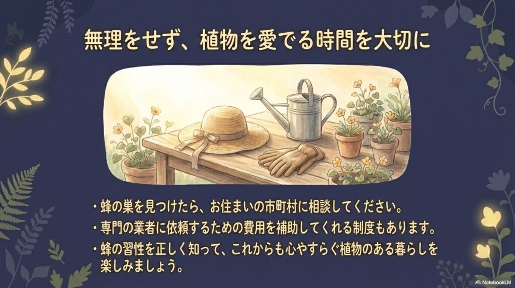 蜂の巣を見つけたら無理をせず、補助制度を活用して市町村や業者に相談することを促すイラスト