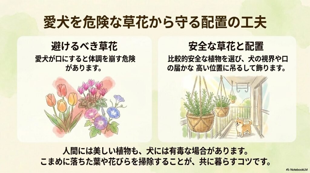 犬にとって危険なチューリップなどの球根類やツル性植物と、犬の届かない高所に吊るすハンギングプランターでの安全な配置例