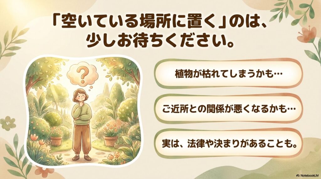 植物が枯れるリスクやご近所トラブルを懸念し、お庭のどこに物置を置くか悩んでいる女性のイラスト