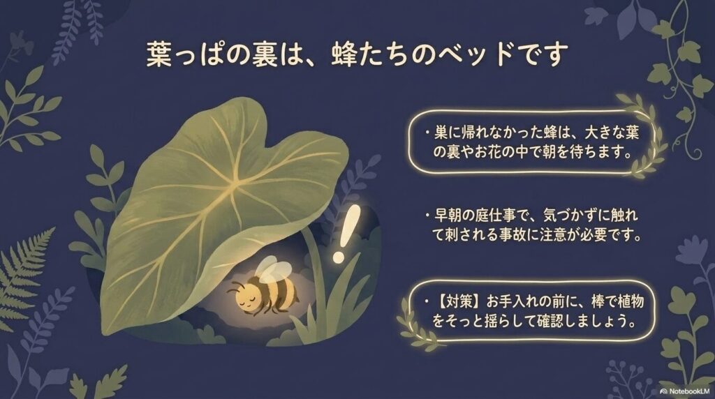 巣に帰れなかった蜂が、夜間に大きな葉の裏やお花の中で朝を待つ生態の解説