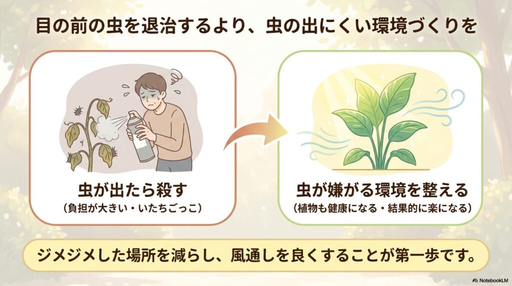 殺虫剤で退治するより、ジメジメした場所を減らして虫の出にくい環境を整えることの重要性を解説したスライド