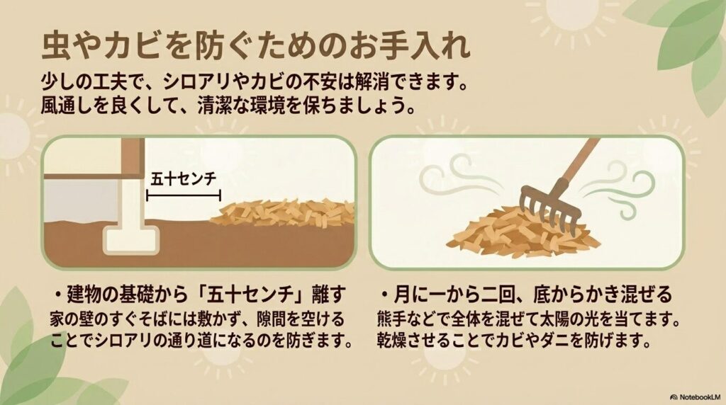 チップを敷く際の間隔と、定期的な攪拌方法の図解