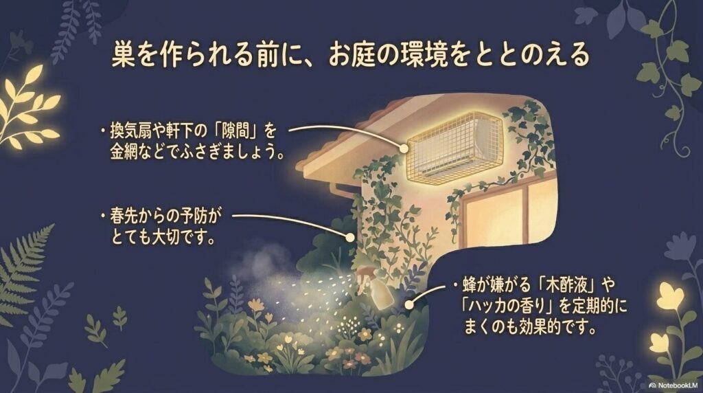 春先から換気扇の隙間をふさぎ、木酢液やハッカの香りで蜂を予防する対策法