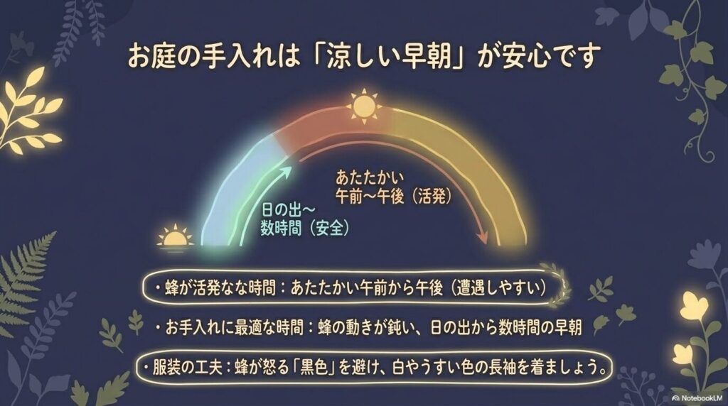 庭仕事は蜂が活発な日中を避け、動きが鈍い涼しい早朝に行うのが安全であるという解説
