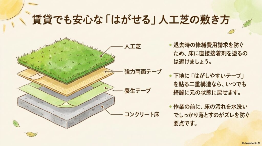 コンクリート床の上に養生テープ、強力両面テープ、人工芝の順に重ねて敷く、退去時に綺麗にはがせる施工方法の図解
