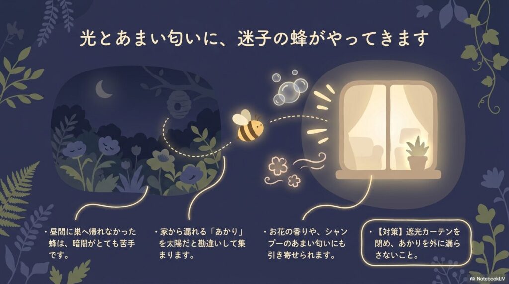 夜間に蜂が家から漏れる明かりや甘い匂いに勘違いして引き寄せられる仕組みの解説
