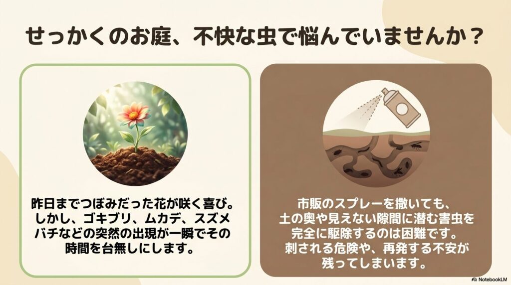市販のスプレーでは土の奥の害虫を駆除しきれない悩みと、プロのサポートの必要性を解説したイラストスライド
