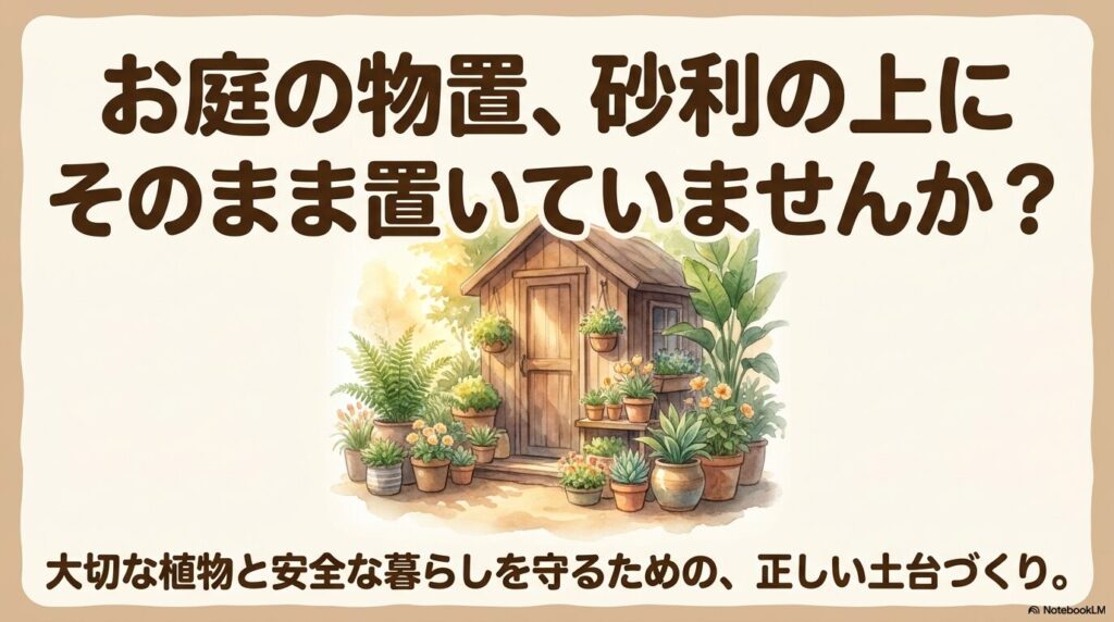 おしゃれな木製物置のあるお庭と観葉植物