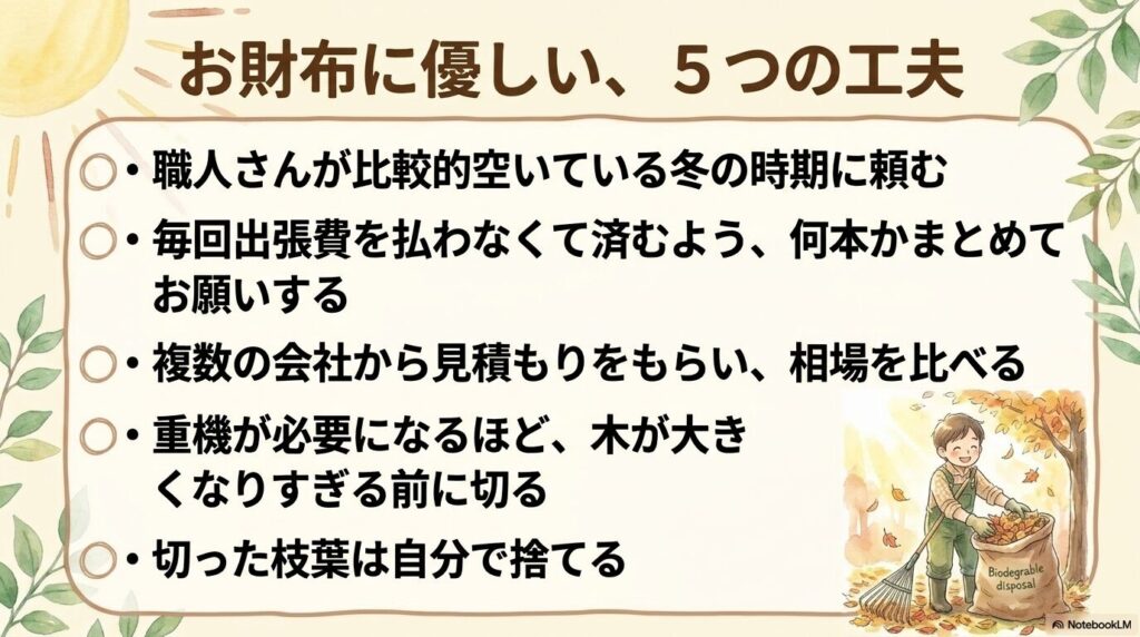閑散期への依頼や複数本のまとめ依頼、相見積もり、ゴミの自己処分など、剪定料金を安くする5つの工夫