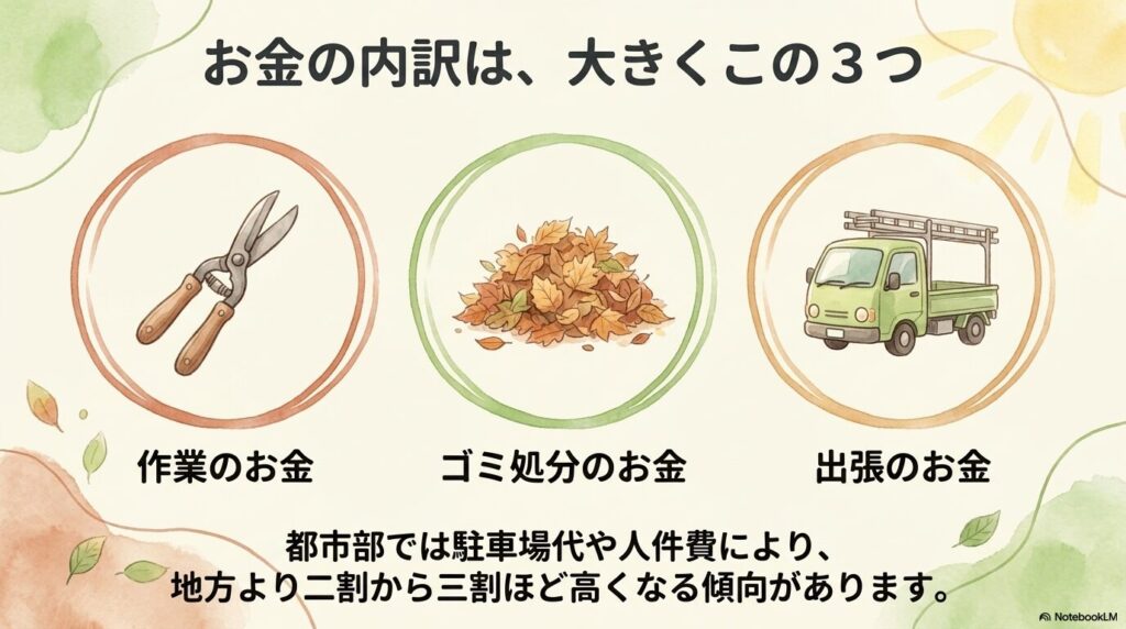 剪定料金を構成する作業費、ゴミ処分費、出張費の3つの内訳と、都市部と地方の地域差に関する解説