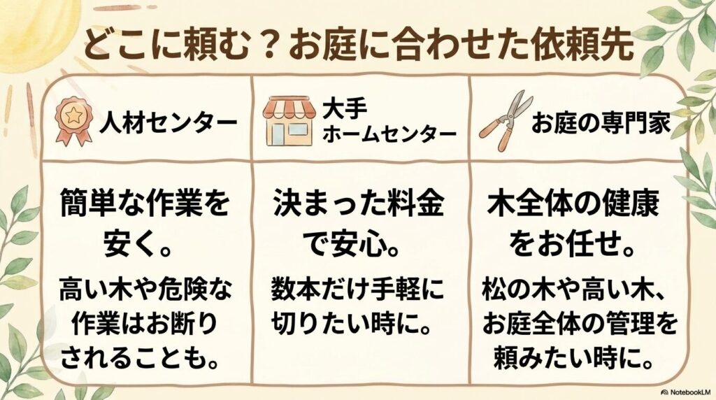 シルバー人材センター、ホームセンター、お庭の専門家など、ニーズに合わせた剪定業者の選び方
