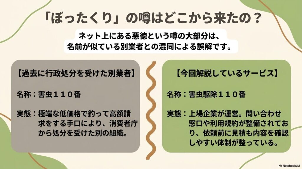 行政処分を受けた悪徳業者「害虫110番」と上場企業運営の「害虫駆除110番」の違いを解説したスライド