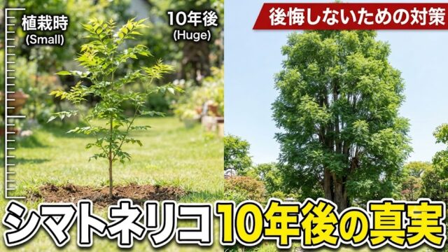 植栽時（左）の小さなシマトネリコの苗木と、10年後（右）に2階の屋根に届くほど巨大に成長したシマトネリコの比較画像。将来のサイズ感と対策の重要性を示唆している。