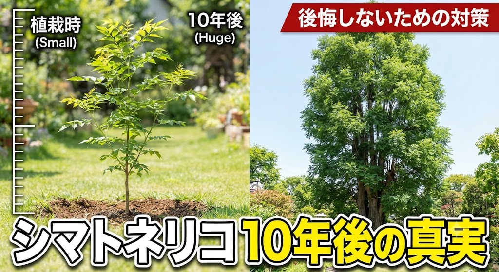植栽時（左）の小さなシマトネリコの苗木と、10年後（右）に2階の屋根に届くほど巨大に成長したシマトネリコの比較画像。将来のサイズ感と対策の重要性を示唆している。