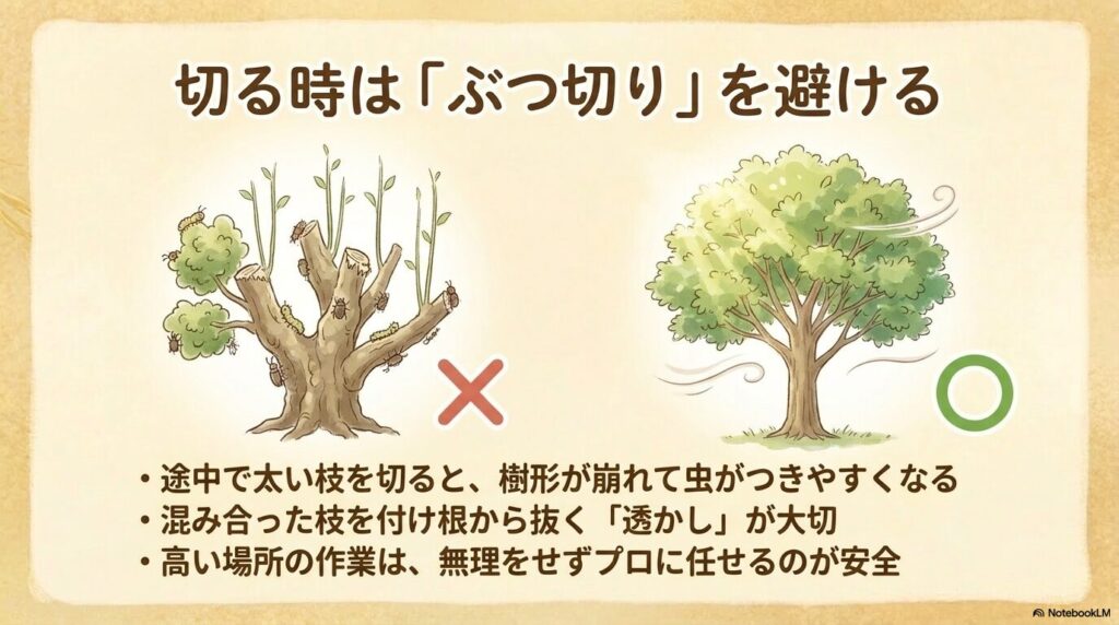 樹形が崩れるぶつ切りを避け、混み合った枝を付け根から間引く透かし剪定を推奨する解説スライド