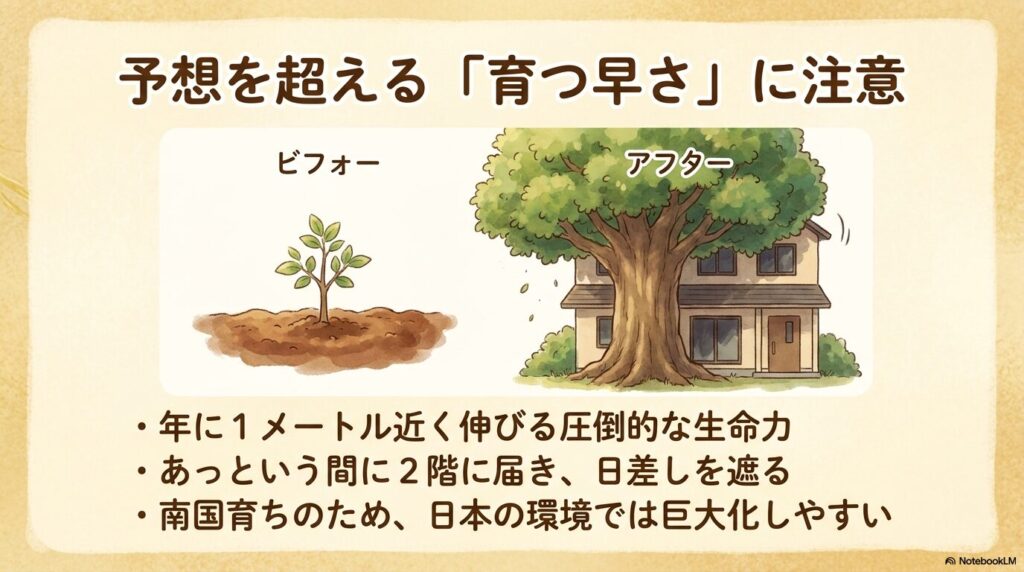 1年で1メートル近く伸び、あっという間に2階に届くほど巨大化するシマトネリコの成長スピードの解説スライド