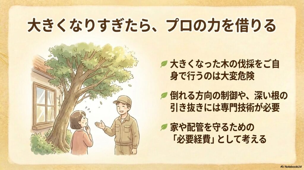 大きくなりすぎた木の伐採や深い根の引き抜きは危険なため、家を守る必要経費として専門技術を持つプロに任せることを推奨するスライド