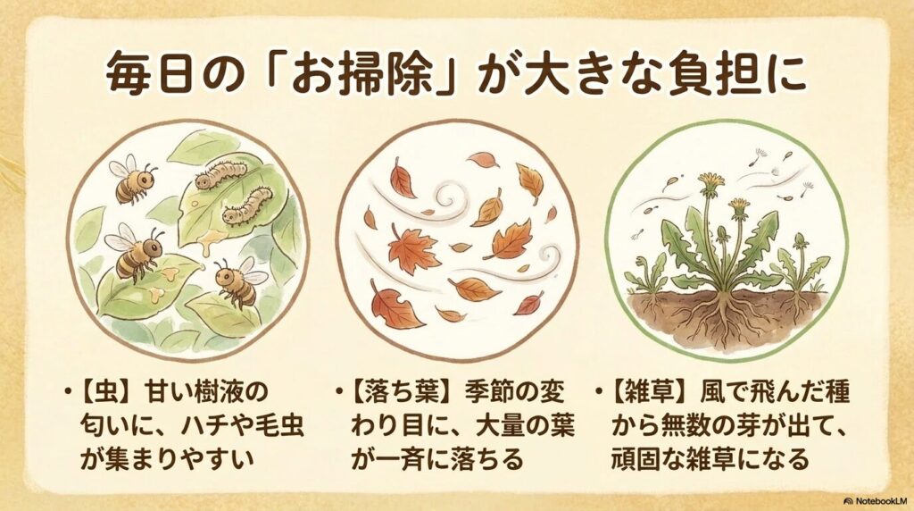 甘い樹液に集まる虫、大量の落ち葉、風で飛ぶ種による雑草化など、シマトネリコの管理や毎日の掃除負担をまとめたスライド