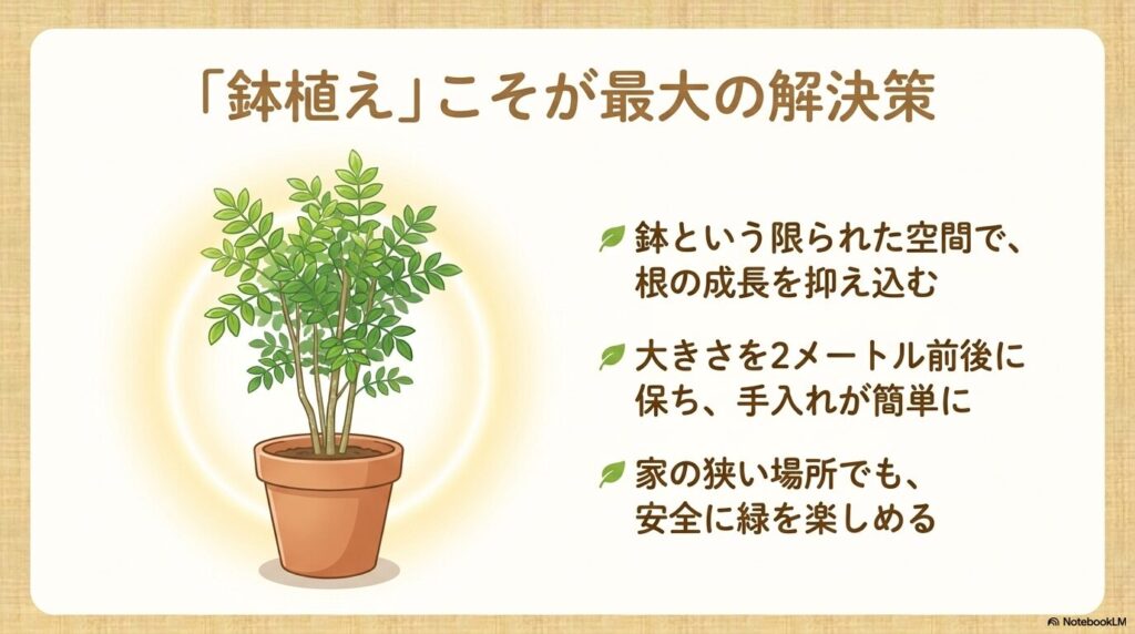 根の成長を抑え込み、2メートル前後のサイズを保つことができるシマトネリコの鉢植え管理を推奨するスライド