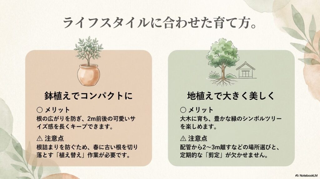 ライフスタイルに合わせたシマトネリコの育て方。鉢植えでコンパクトに育てるメリットと注意点、地植えで大きく育てるメリットと注意点。