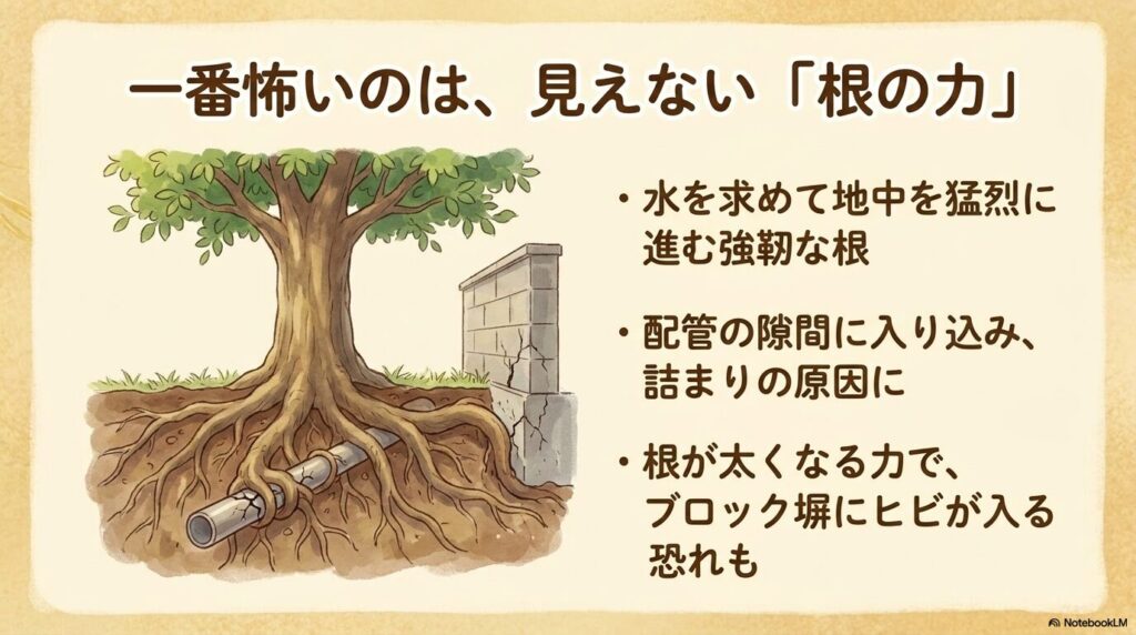 水を求めて配管の隙間に入り込んだり、根が太くなる力でブロック塀にヒビを入れるシマトネリコの根の力を解説したスライド