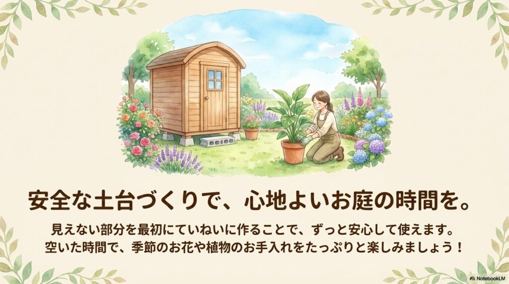 適切に基礎工事をして設置された物置とお花のあるお庭