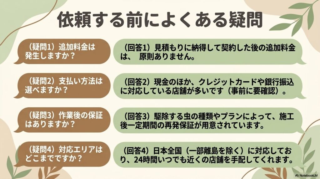 追加料金や支払い方法、保証、対応エリアに関するよくある疑問と回答をまとめたスライド