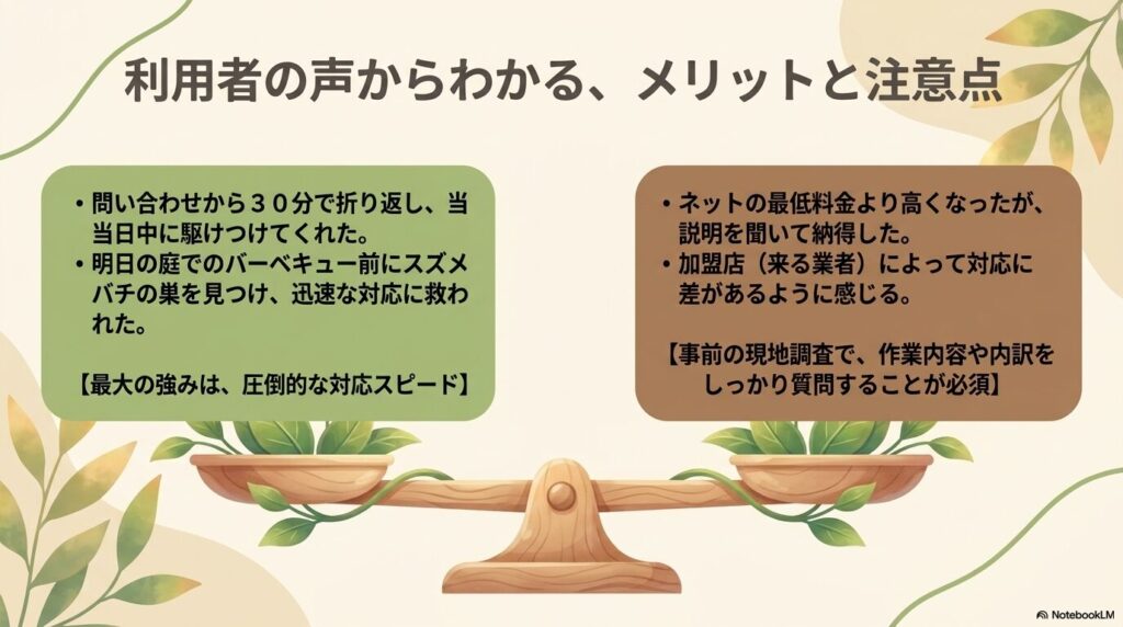 利用者の良い口コミと悪い口コミから見えてきた、対応スピードの早さと加盟店による対応の違いをまとめたスライド
