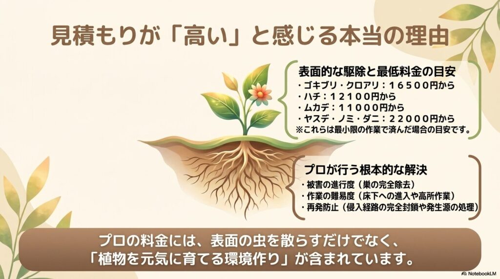 最低料金の目安と、プロが行う根本的な解決（被害の進行度や作業の難易度）をまとめたスライド