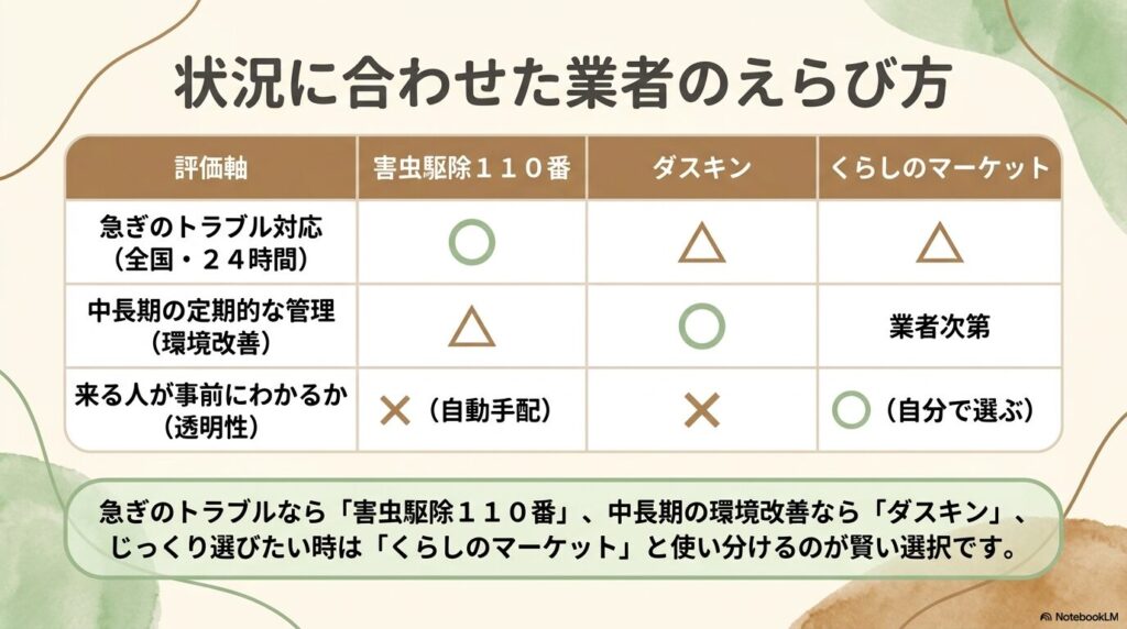 害虫駆除110番、ダスキン、くらしのマーケットの特徴や対応スピードを比較したスライド