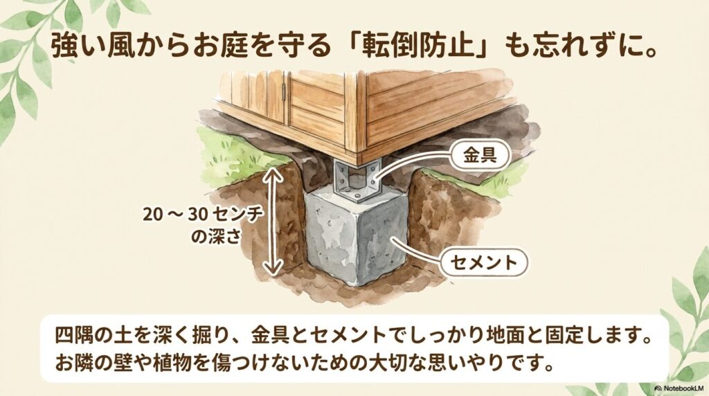 物置の転倒を防ぐアンカー工事の施工手順イラスト
