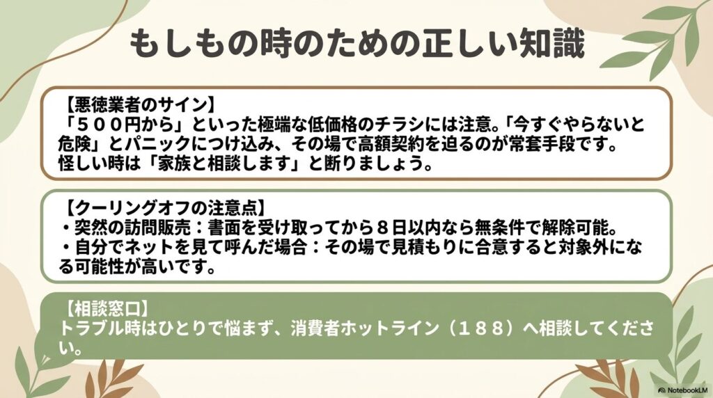悪徳業者のサインやクーリングオフ対象外となるケース、相談窓口（消費者ホットライン188）をまとめたスライド