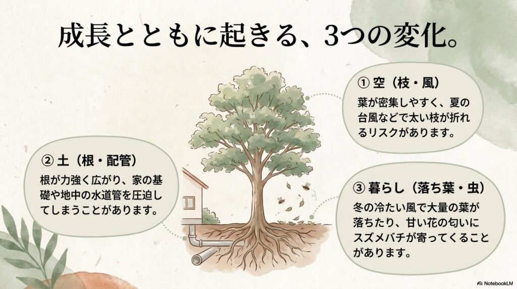 シマトネリコの成長とともに起きる3つの変化。枝・風による折れリスク、根・配管への圧迫、落ち葉や虫の飛来について。