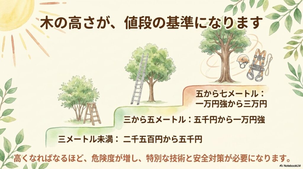 低木から高木まで、木の高さに応じた剪定料金の相場と、危険度や必要な安全対策の解説