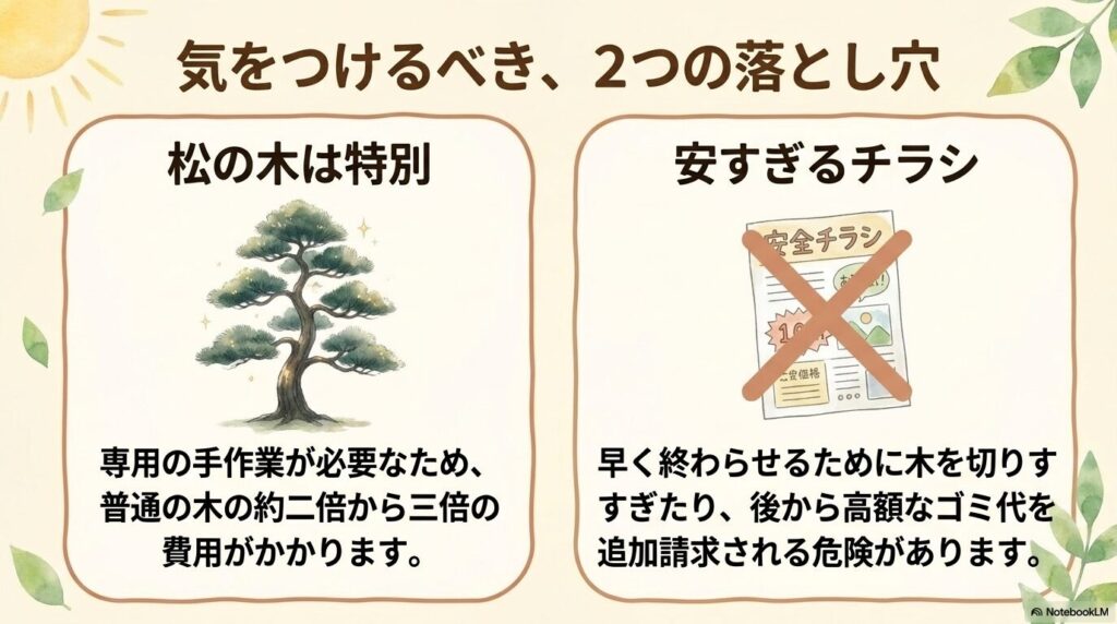 費用が高くなる松の木の剪定と、安すぎるチラシ業者の追加請求リスクに関する注意喚起
