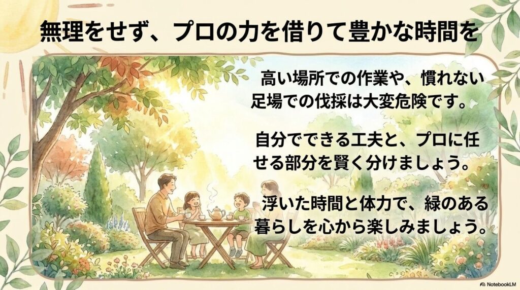 危険な作業はプロに任せ、浮いた時間と体力で緑のある暮らしを楽しむことのすすめ