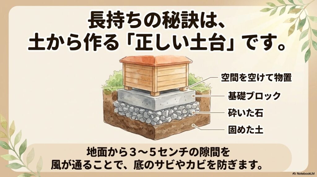 物置の下に防草シートを敷いて雑草と湿気を防ぐ方法