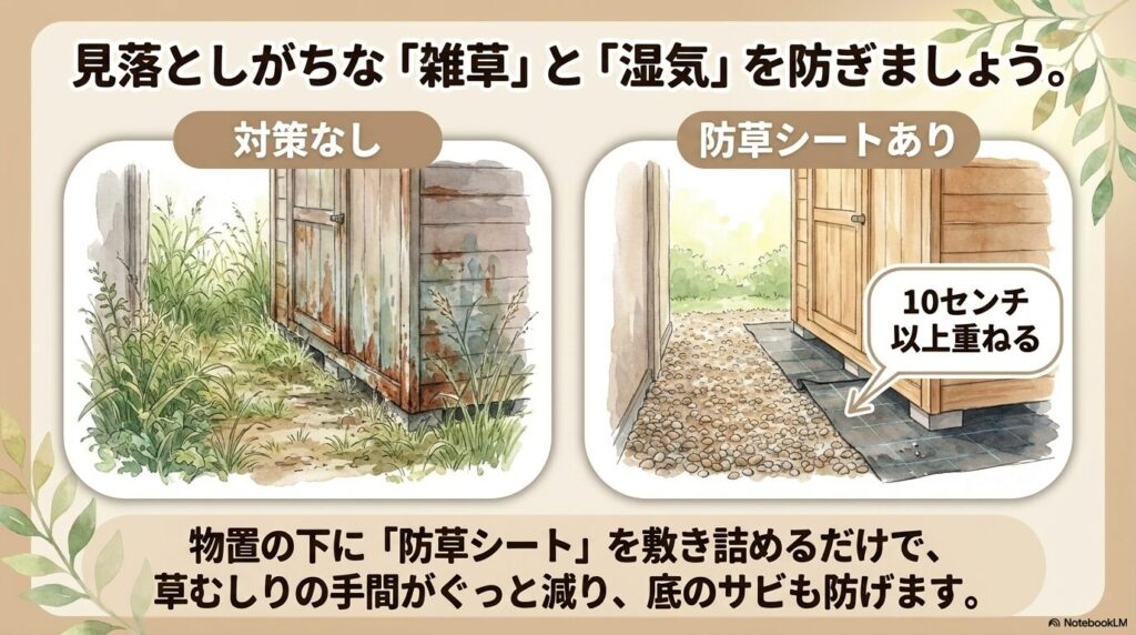 物置を長持ちさせる正しい基礎ブロックと通気層の構造図