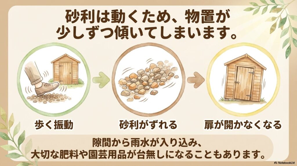 砂利の上に置いた物置が振動で傾く様子を表すイラスト
