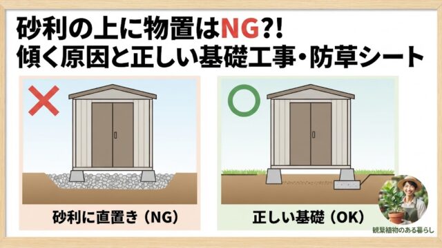 砂利の上に置かれた木製物置が振動で傾き、足元の石が崩れている様子を描いたサムネイル画像。