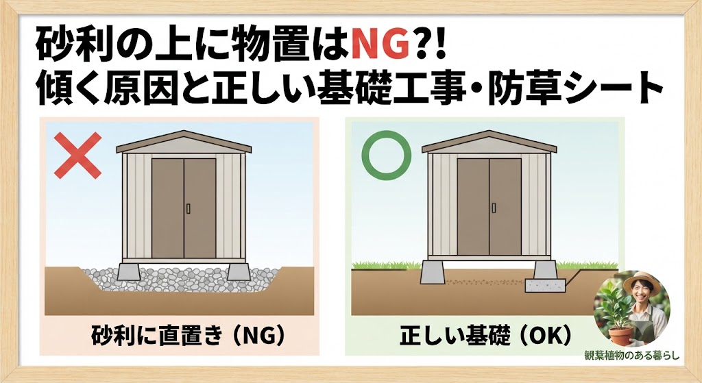 砂利の上に置かれた木製物置が振動で傾き、足元の石が崩れている様子を描いたサムネイル画像。