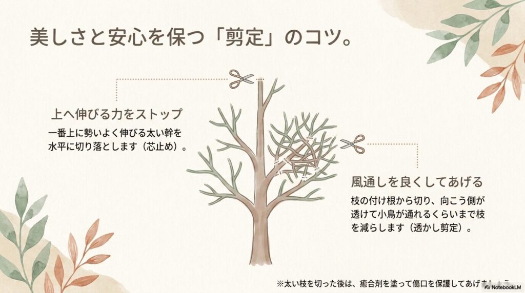 美しさと安心を保つ剪定のコツ。上へ伸びる力をストップさせる芯止めと、風通しを良くする透かし剪定。