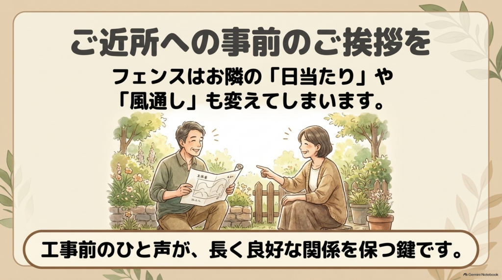 庭先で笑顔で図面を見ながら相談している夫婦のイラストと、ご近所への事前挨拶の重要性の説明