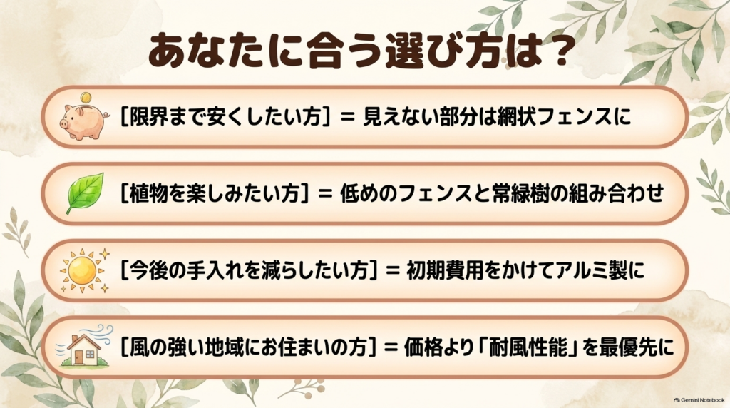 限界まで安くしたい方、植物を楽しみたい方など、それぞれのニーズや環境に合わせた最適な目隠しフェンスの選び方。