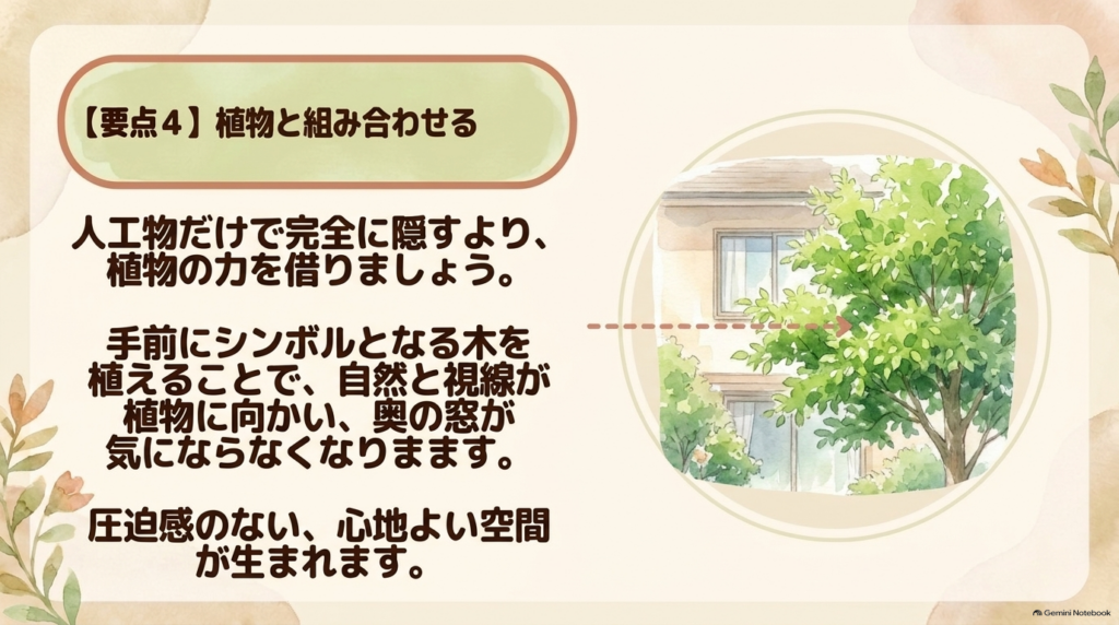 人工物だけでなく、手前にシンボルツリーを植えることで視線をそらし、圧迫感のない心地よい空間を作る方法。